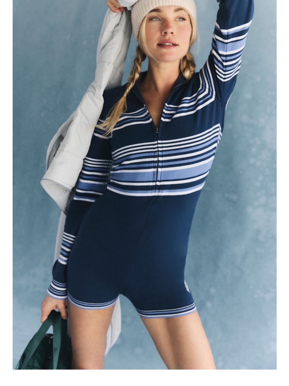 Free People Navy & Light Blue Striped Long-Sleeve Romper